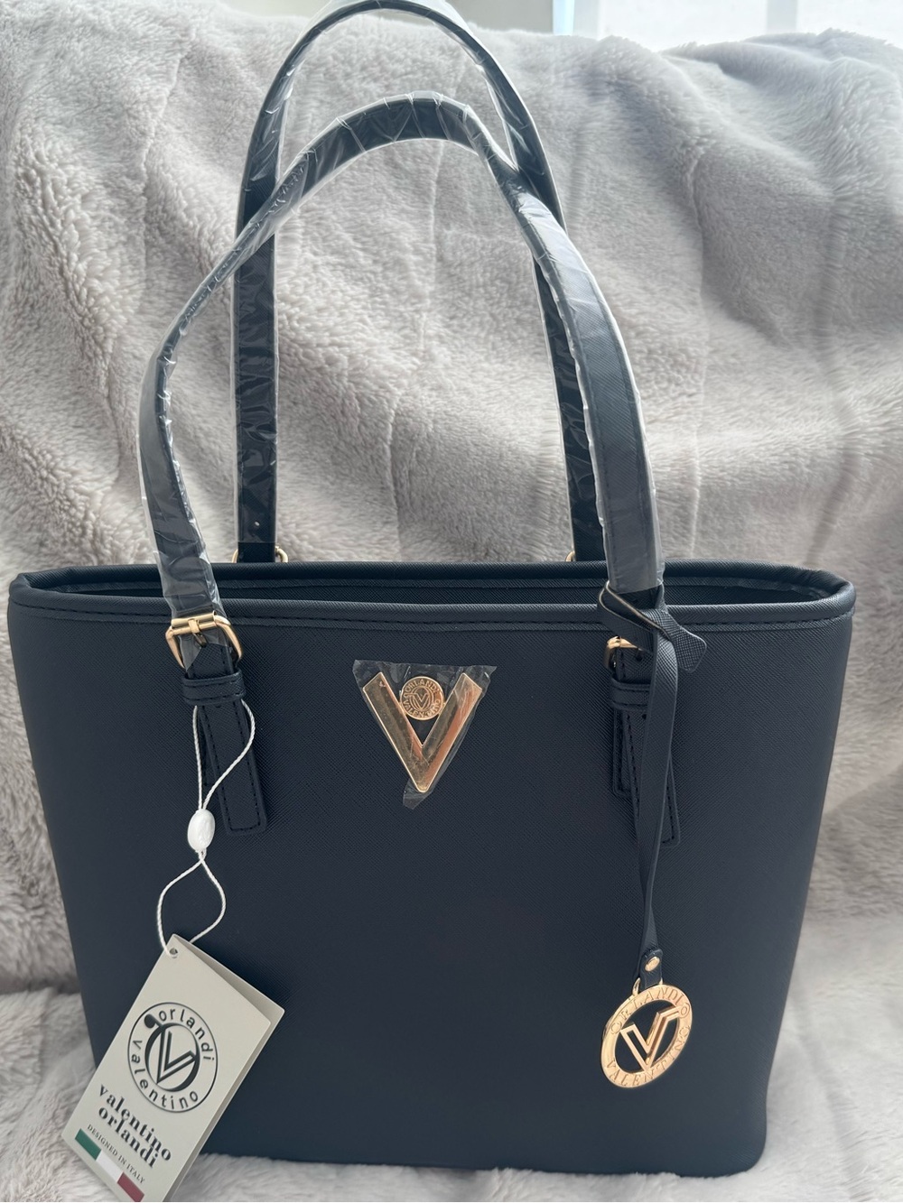 Valentino Orlandi Navy Blue Tote Bag with Gold Accent